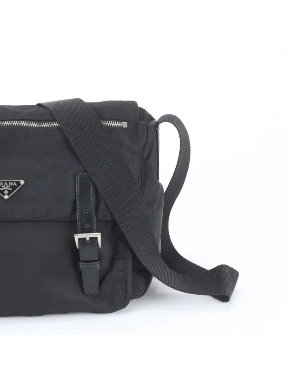 Prada Tessuto Nylon Triangle Logo Leather Shoulder Bag Crossbody Messenger Black